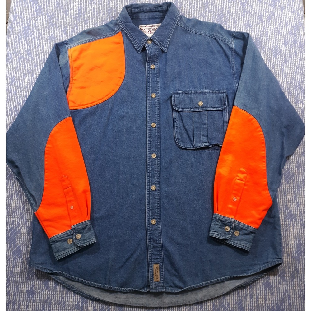 Wrangler Rugged Wear Shirt Mens XL 17 17-1/2 Denim Blue Orange Work